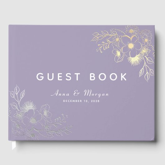 Elegante Paarse Floral Gold Wedding Gastenboek (Voorkant)