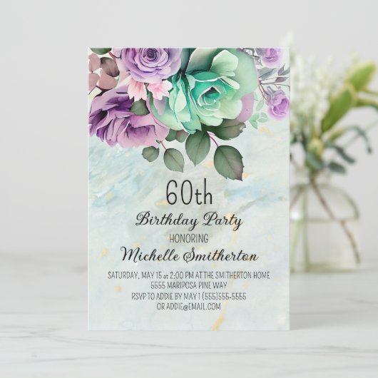 Elegante Paarse Floral Mint Green 60e verjaardag Kaart (Staand voorkant)