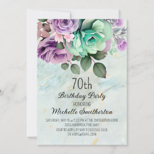 Elegante Paarse Floral Mint Green 70e verjaardag Kaart