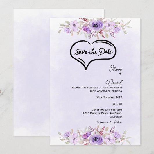 Elegante Paarse Floral Wedding Save the Date Kaart (Voorkant / Achterkant)