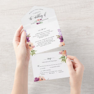 Elegante Paarse Floral Wedding w / Geperforeerde R All In One Uitnodiging