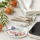 Elegante Paarse Flower Blue Hummingbird Gepersonal Sleutelhanger (Voorkant Rechts)