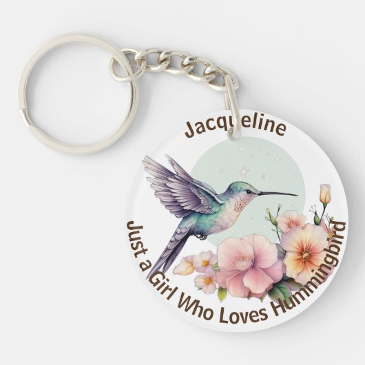 Elegante Paarse Flower Blue Hummingbird Gepersonal Sleutelhanger (Voorkant)