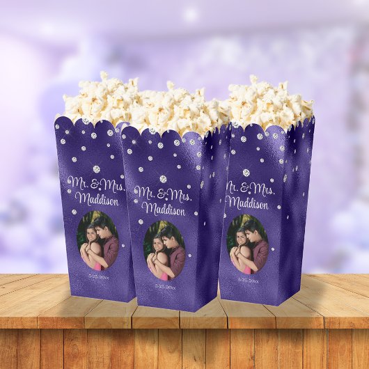 Elegante Paarse Folie & Diamant Bruiloft Popcorn Bedankdoosjes