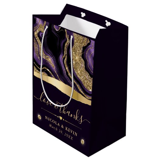 Elegante Paarse Folie en gouden Glitter Agaat Brui Medium Cadeauzakje (Achterkant Gekanteld)