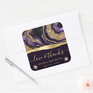 Elegante Paarse Folie en gouden Glitter Agaat Brui Vierkante Sticker