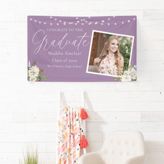 Elegante Paarse foto Floral Afstuderen Spandoek (Insitu)
