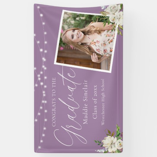 Elegante Paarse foto Floral Afstuderen Spandoek (Verticaal)