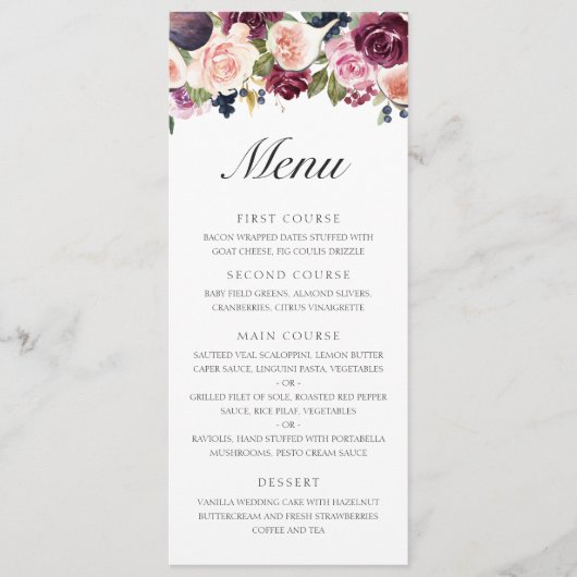 Elegante Paarse Fruit Herfst Bloemige Bruiloft Menu (Voorkant)