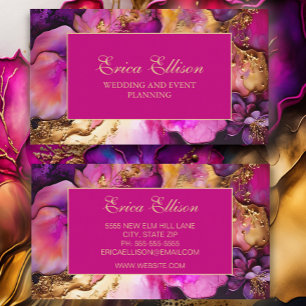 Elegante Paarse Fuchsia Gouden Bloemige Trouwplann Visitekaartje