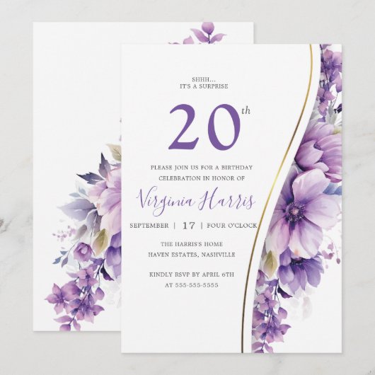 Elegante Paarse gebladerte 20e verjaardag Kaart (Voorkant / Achterkant)