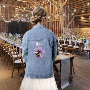 Elegante Paarse Gele Bloemen Bijenkorf Bij Denim Jacket