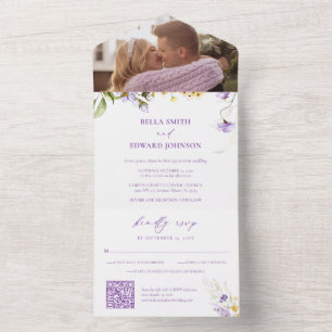 Elegante Paarse gele bloemenfoto bruiloft All In One Uitnodiging