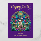 Elegante Paarse Glas-in-lood Konijn Tuinman Pasen Folie Feestdagenkaart (Voorkant)
