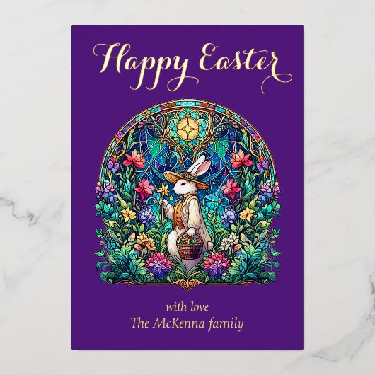 Elegante Paarse Glas-in-lood Konijn Tuinman Pasen Folie Feestdagenkaart (Voorkant)