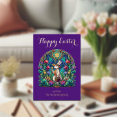 Elegante Paarse Glas-in-lood Konijn Tuinman Pasen Folie Feestdagenkaart