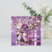 Elegante paarse glasbloem cadeau gouden chiffon bo feestdagenkaart (Staand voorkant)