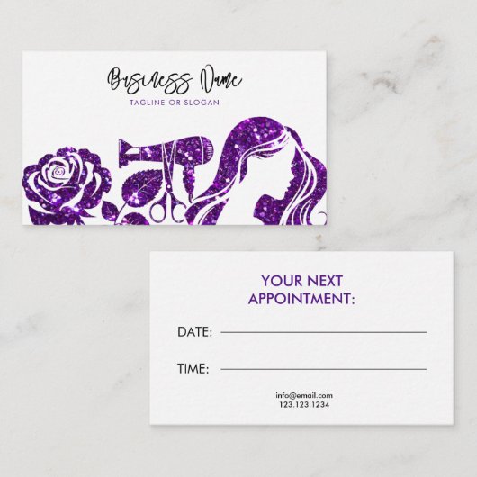 Elegante Paarse glitter bloemenkapper Afsprakenkaartje (Voorkant / Achterkant)