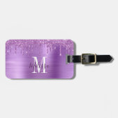 Elegante Paarse Glitter Drup Monogram Bagagelabel (Voorkant horizontaal)