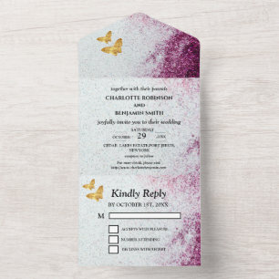 Elegante Paarse Glitter & Gouden Vlinder Bruiloft All In One Uitnodiging