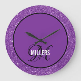 Elegante paarse glitter monogram familienaam grote klok