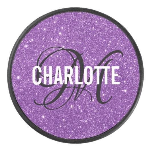 Elegante paarse glitter monogram naam hockey puck (Voorkant)