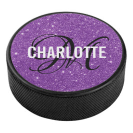 Elegante paarse glitter monogram naam hockey puck