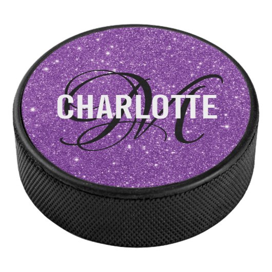Elegante paarse glitter monogram naam hockey puck (3/4)