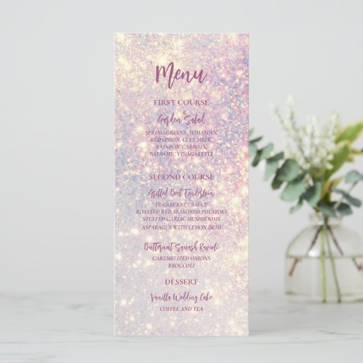 Elegante Paarse Glitter Sparkle Bruiloft Menu (Staand voorkant)