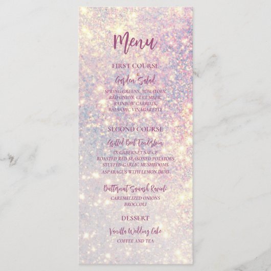 Elegante Paarse Glitter Sparkle Bruiloft Menu (Voorkant)