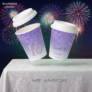 Elegante Paarse Glitter Sweet 16 Verjaardag Papieren Bekers