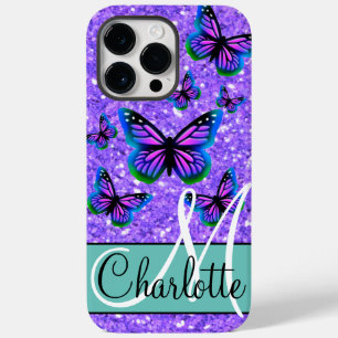 Elegante paarse glitter vlinders monogram Case-Mate iPhone 14 pro max hoesje