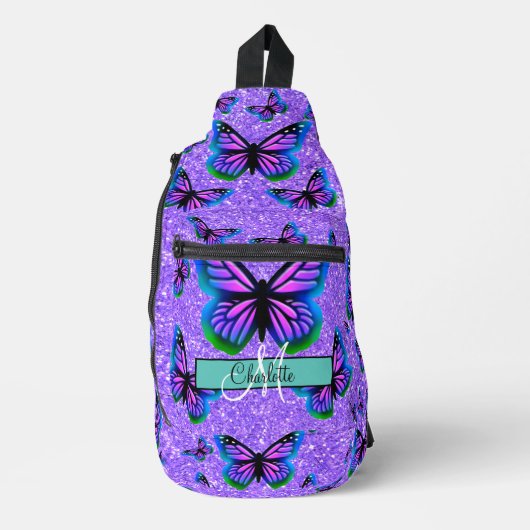 Elegante paarse glitter vlinders monogram sling bag (Voorkant)