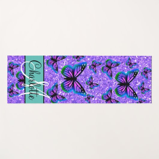 Elegante paarse glitter vlinders monogram yogamat (Voorkant (horizontaal))