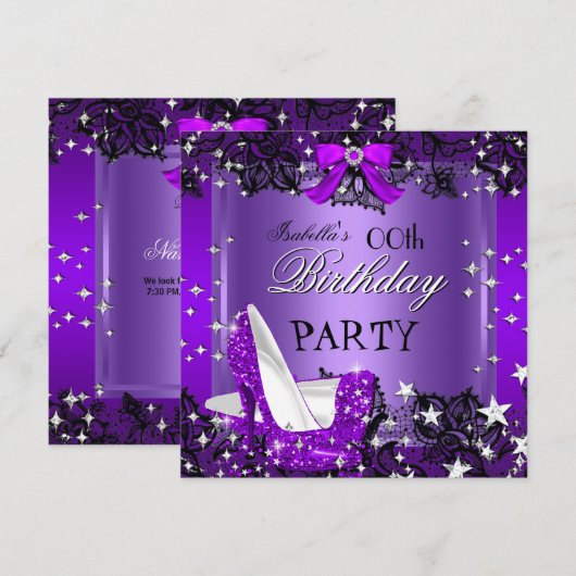 Elegante paarse glitterschoenen met hoge hak voor  kaart (Voorkant / Achterkant)