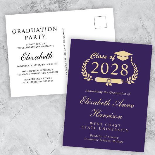 Elegante Paarse Gold College Graduation Party Uitnodiging Briefkaart