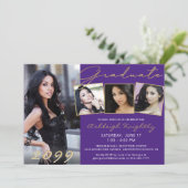 Elegante Paarse Gold Script 4 Foto Afstuderen Kaart (Staand voorkant)