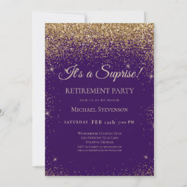 Elegante Paarse Gold Surprise Retirement Party Kaart