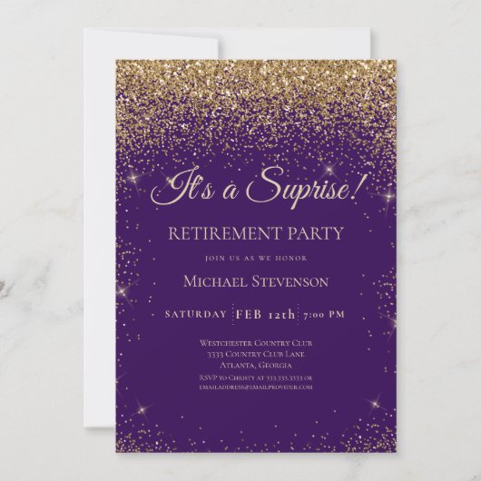 Elegante Paarse Gold Surprise Retirement Party Kaart (Voorkant)