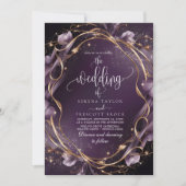 Elegante Paarse Golden Floral Lijst bruiloft Kaart (Voorkant)