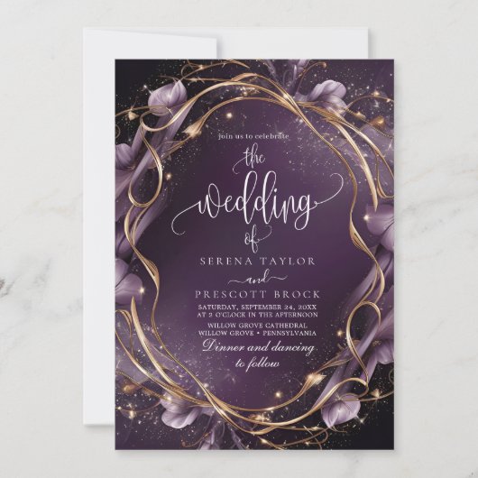 Elegante Paarse Golden Floral Lijst bruiloft Kaart (Voorkant)