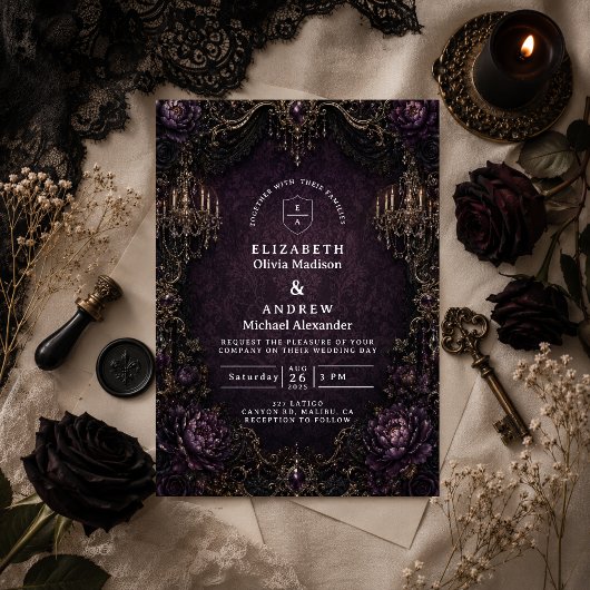 Elegante Paarse Goth Huwelijk Kaart