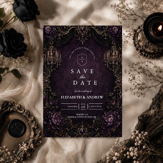 Elegante Paarse Goth Huwelijk Save The Date