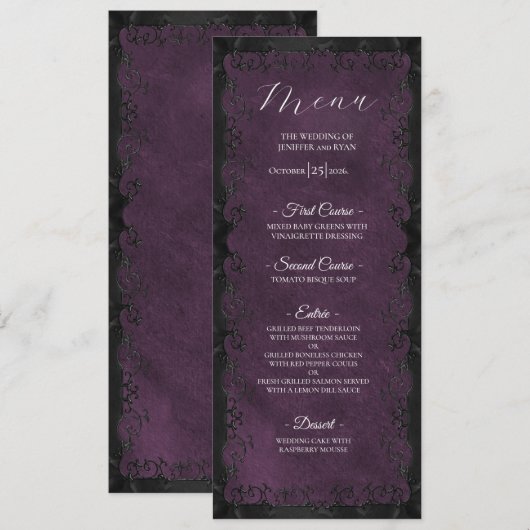Elegante paarse gotische trouwmenu menu (Voorkant / Achterkant)