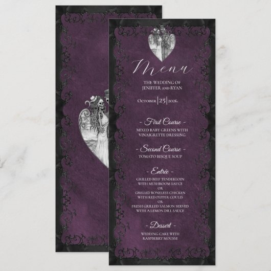 Elegante paarse gotische trouwmenu menu (Voorkant / Achterkant)