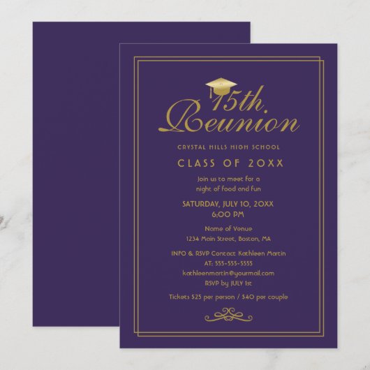 Elegante Paarse gouden 15e klas reünie uitnodiging (Voorkant / Achterkant)