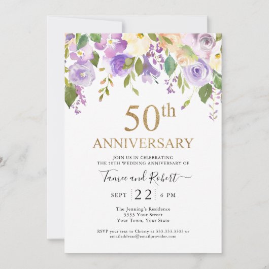 Elegante paarse gouden 50ste huwelijksuitnodiging kaart (Voorkant)