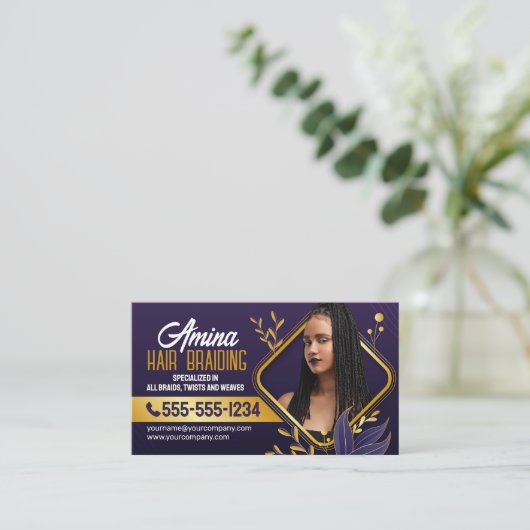 Elegante Paarse & Gouden Afrikaans Haar Vlechten F Visitekaartje (Staand voorkant)
