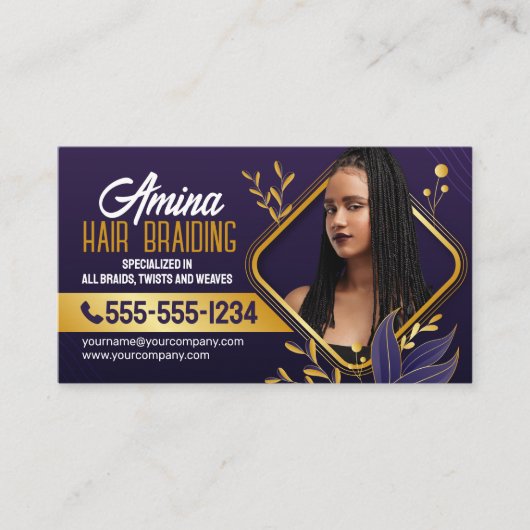 Elegante Paarse & Gouden Afrikaans Haar Vlechten F Visitekaartje (Voorkant)