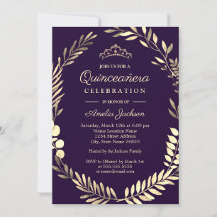 Elegante Paarse Gouden Aquarel Krans Quinceanera Kaart